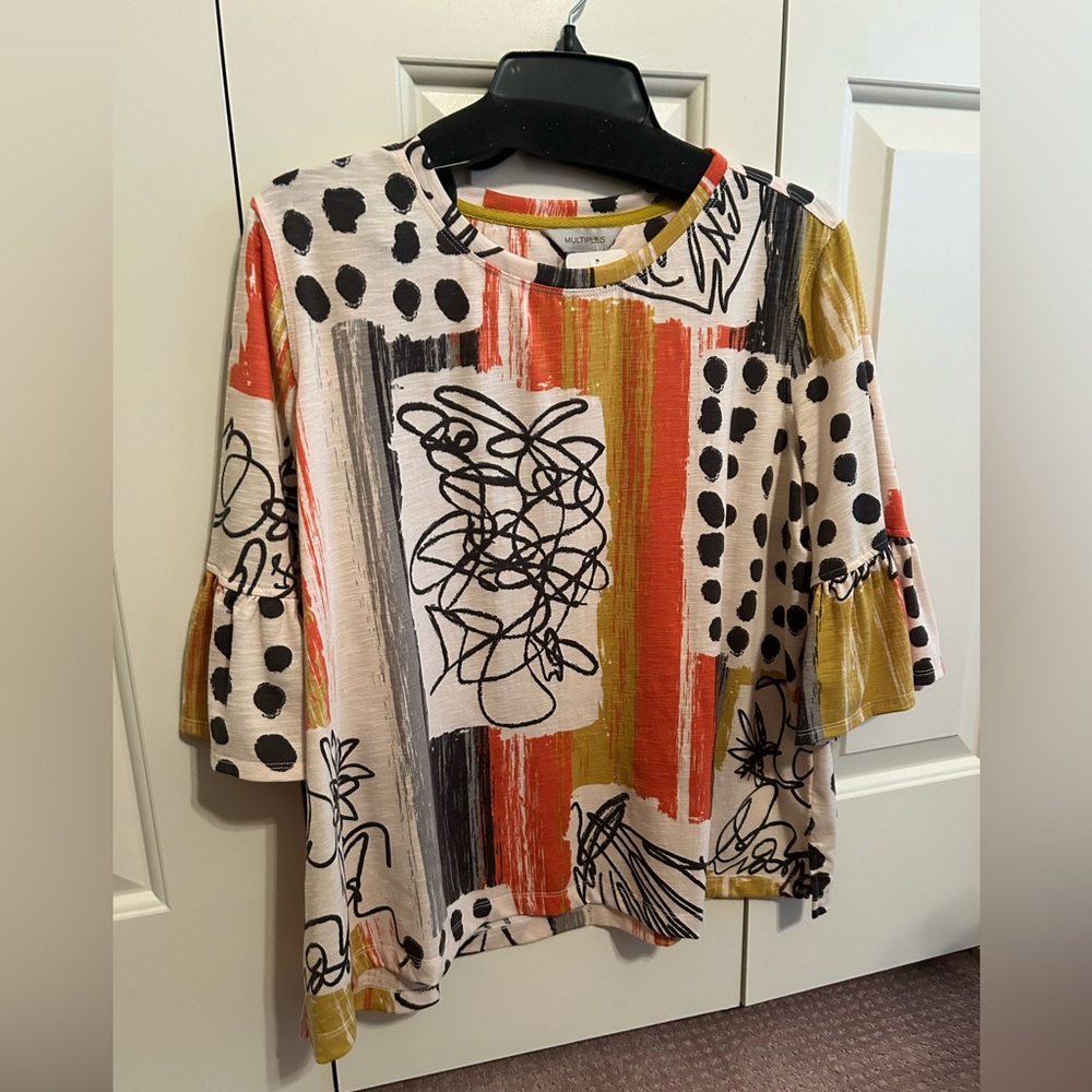 Multiples Graphic Top with ruffle sleeve